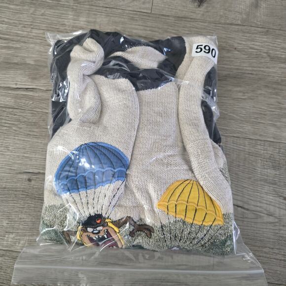 VTG 90s St Michael Looney Tunes Novelty Sweater Taz & Daffy Parachute Sz S Rare - Picture 8 of 8